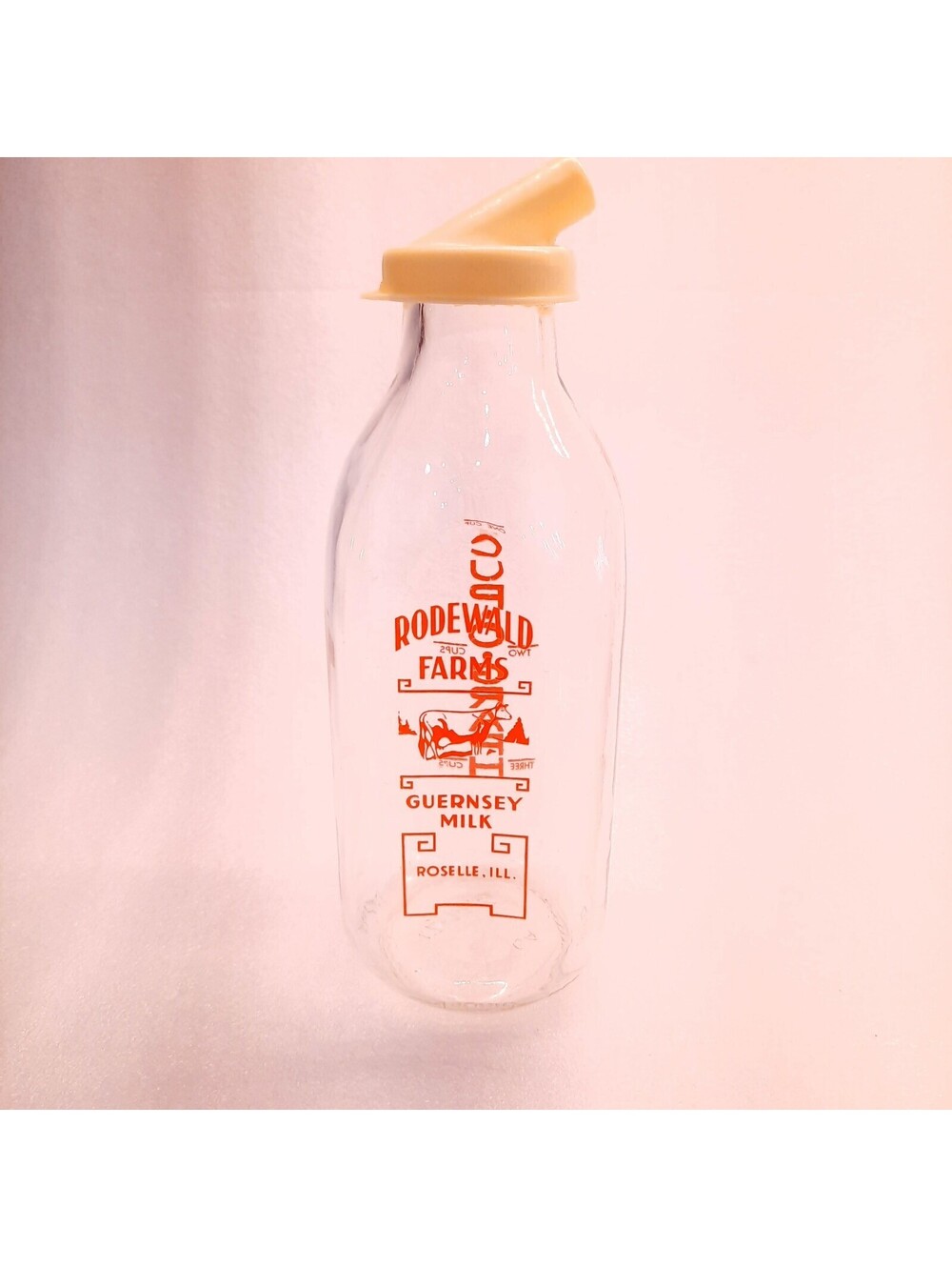 Vintage Rodewald Farms Guernsey Milk bottle with cap glass Roselle, IL pyroglaze